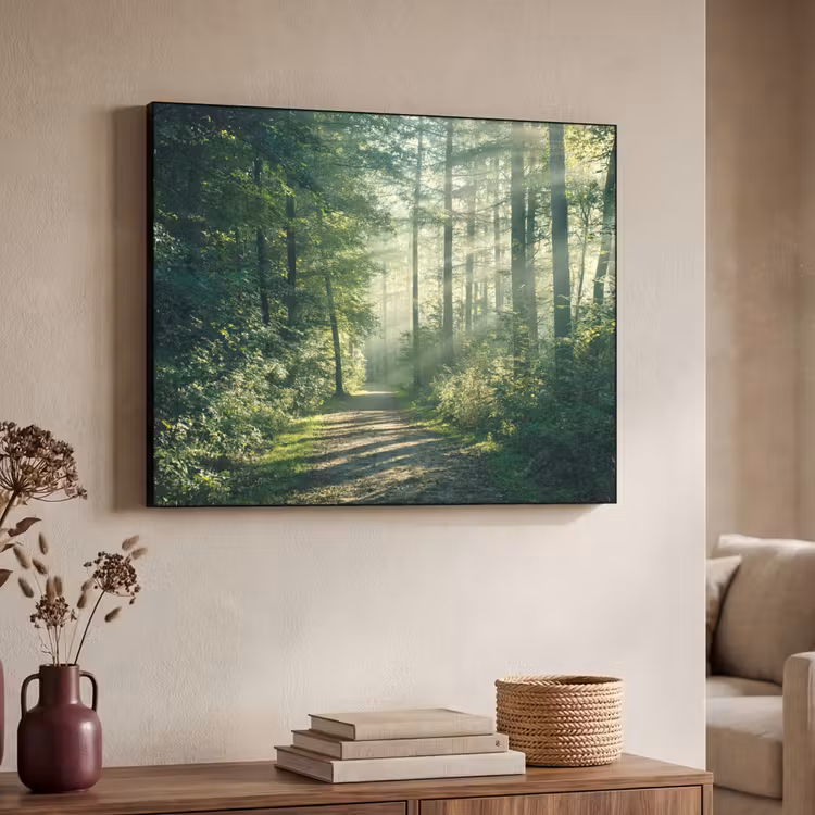 Bos - Pad - Zon - Bomen - Groen - Natuur Textielframe zwart klein -sfeer3