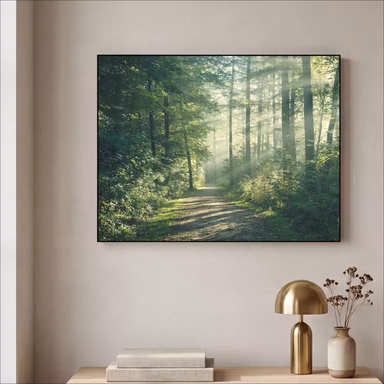 Bos - Pad - Zon - Bomen - Groen - Natuur Textielframe zwart klein -sfeer2