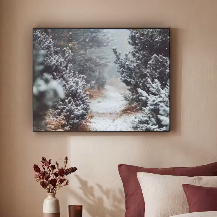 Bos - Winter - Bomen - Natuur - Pad - Sneeuw Textielframe zwart klein -sfeer1