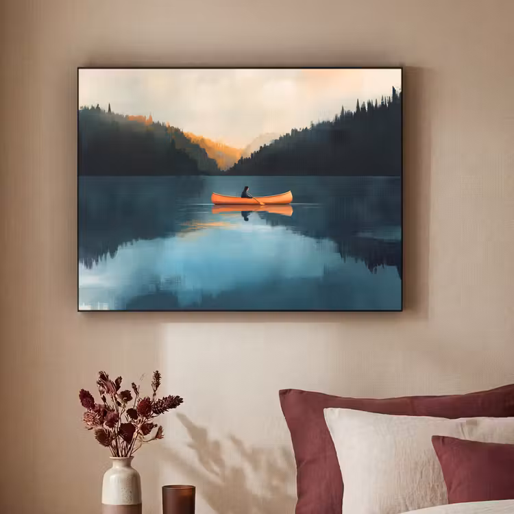 Bossen - Meer - Kano - Oranje Textielframe - compleet frame klein -sfeer1