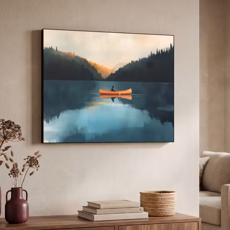 Bossen - Meer - Kano - Oranje Textielframe - compleet frame klein -sfeer3