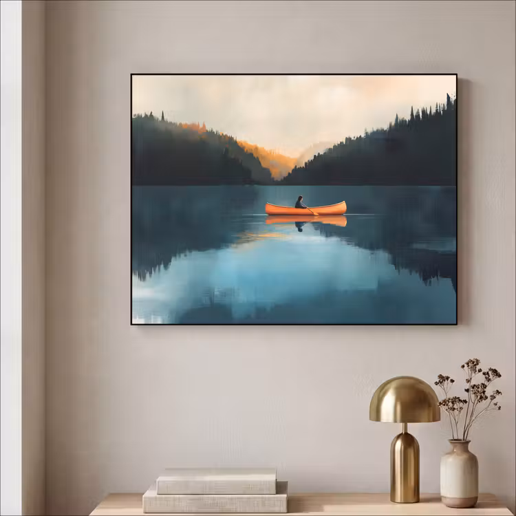 Bossen - Meer - Kano - Oranje Textielframe - compleet frame klein -sfeer2