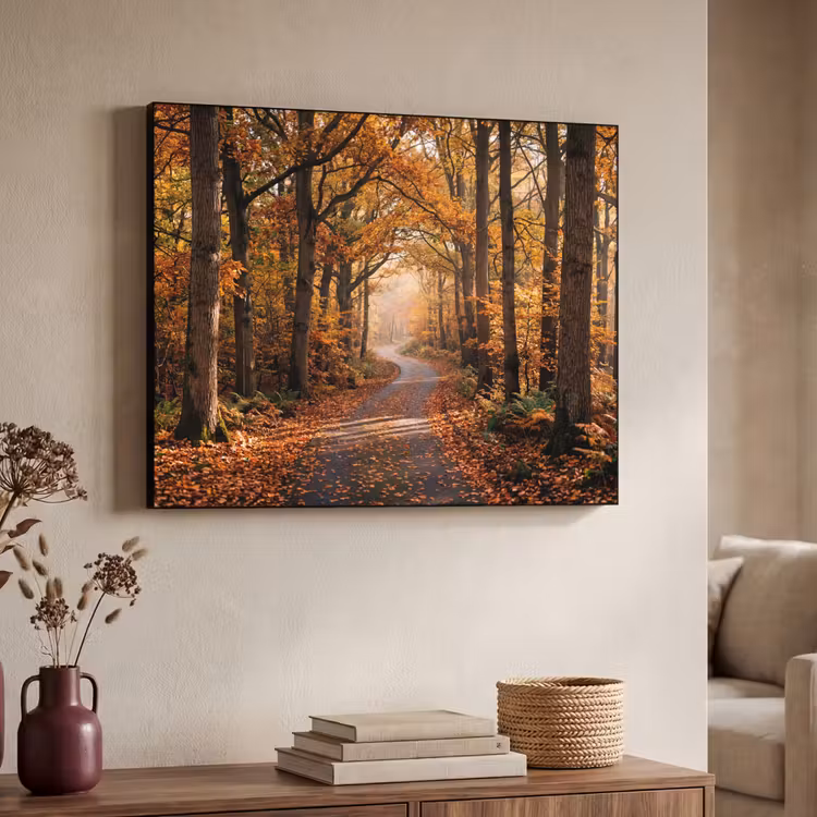 Bospad - Herfstbos - Bladeren - Oranje - Nostalgisch Textielframe zwart klein -sfeer3