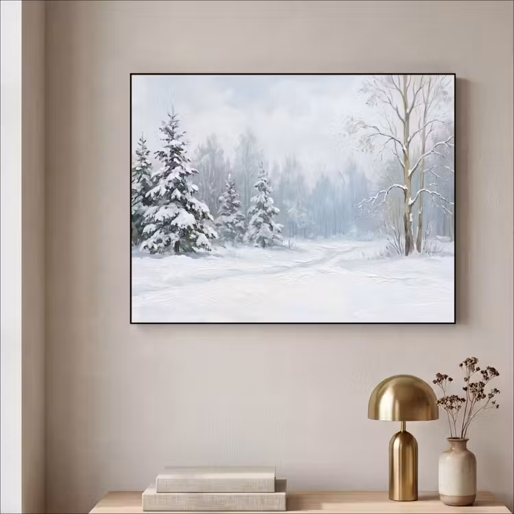Bospad - Dennen - Sneeuw - Winter - Rustgevend Textielframe zwart klein -sfeer2