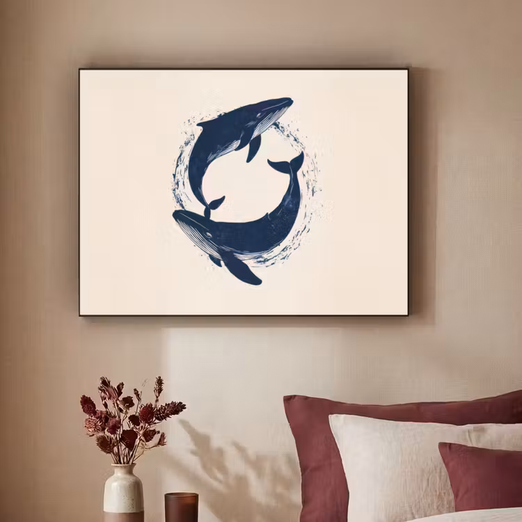 Walvissen - Spetters - Cirkel - Donkerblauw Textielframe zwart klein -sfeer1