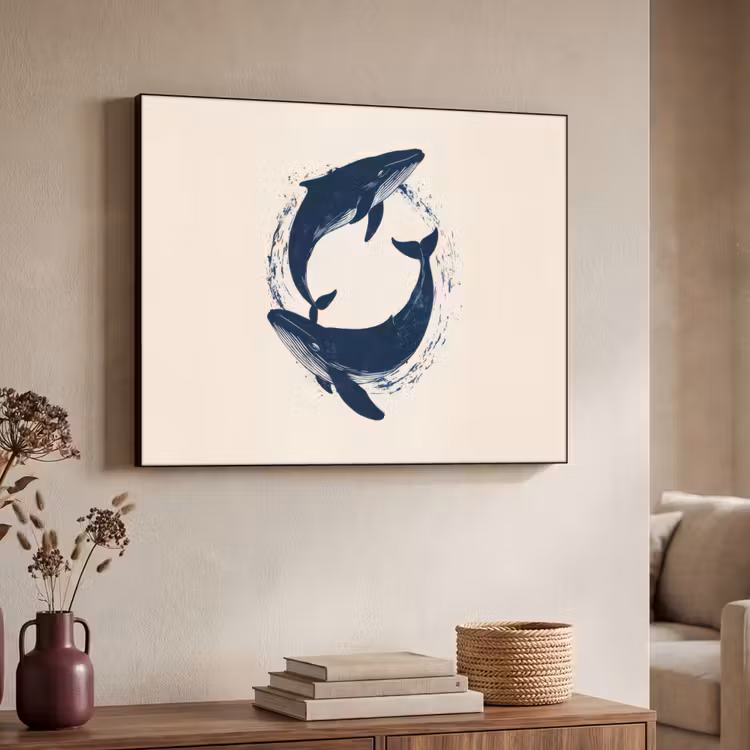 Walvissen - Spetters - Cirkel - Donkerblauw Textielframe - compleet frame klein -sfeer3