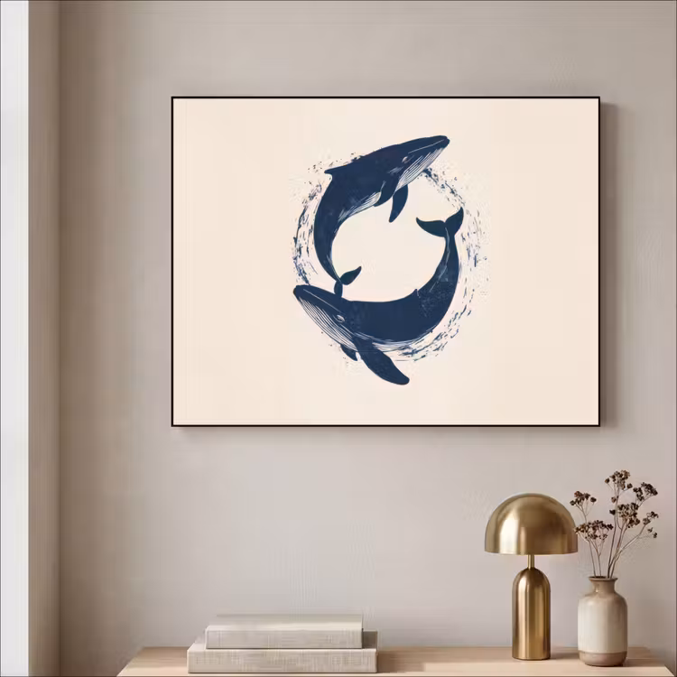 Walvissen - Spetters - Cirkel - Donkerblauw Textielframe - compleet frame klein -sfeer2