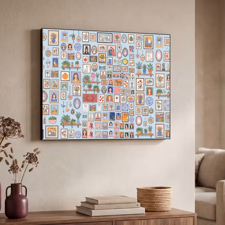 Wanddecoratie - Collectie - Huis - Illustratief - Kleurrijk Textielframe zwart klein -sfeer3