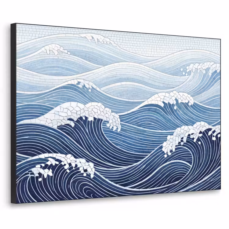 Water - Mozaïek - Landschap - Modern - Blauw Textielframe zwart klein -3d