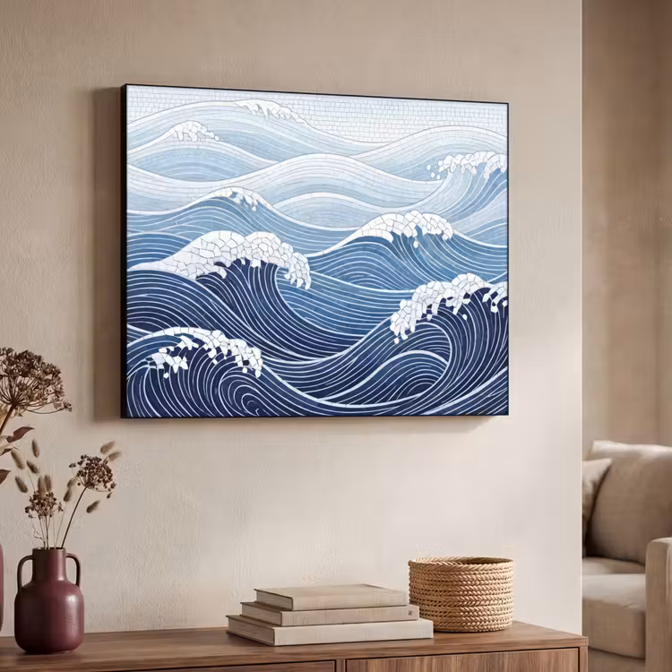 Water - Mozaïek - Landschap - Modern - Blauw Textielframe zwart klein -sfeer3
