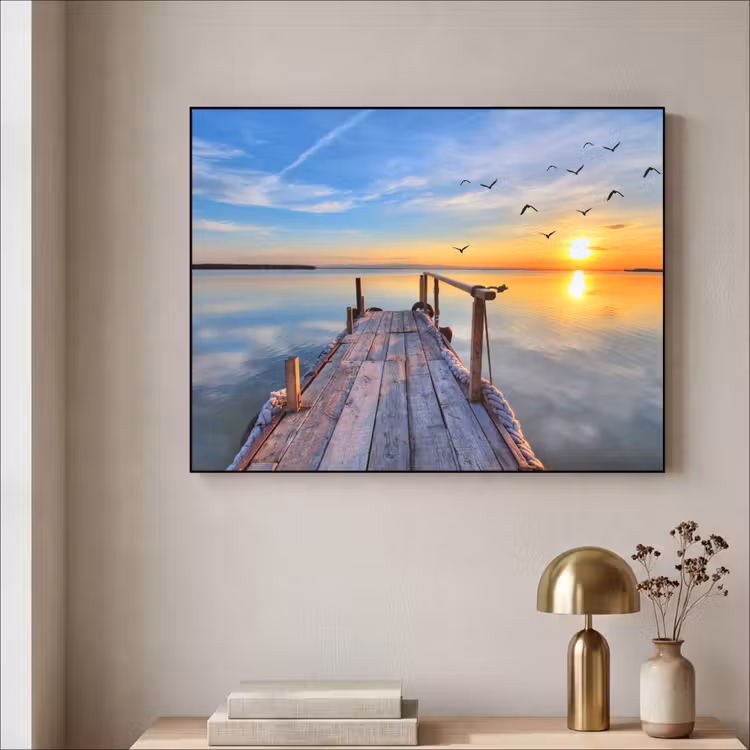 Water - Steiger - Vogels - Zonsondergang - Horizon Textielframe zwart klein -sfeer2