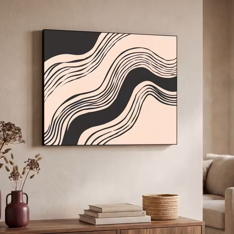 Golven - Zwart - Zandkleur Textielframe zwart klein -sfeer3