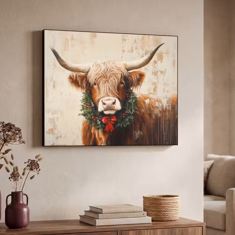 Kerst - Schotse Hooglander - Bruin - Krans Textielframe - compleet frame klein -sfeer3