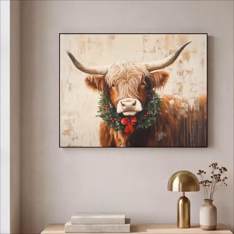 Kerst - Schotse Hooglander - Bruin - Krans Textielframe - compleet frame klein -sfeer2