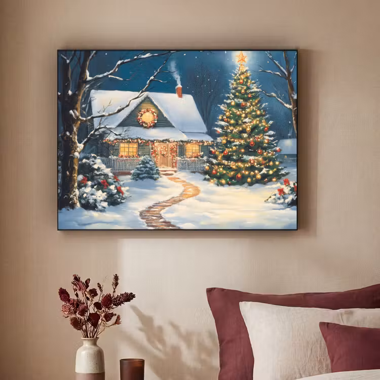 Kerst - Kerstboom - Winter - Huis - Sneeuw Textielframe zwart klein -sfeer1