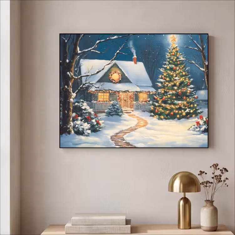 Kerst - Kerstboom - Winter - Huis - Sneeuw Textielframe - compleet frame klein -sfeer2