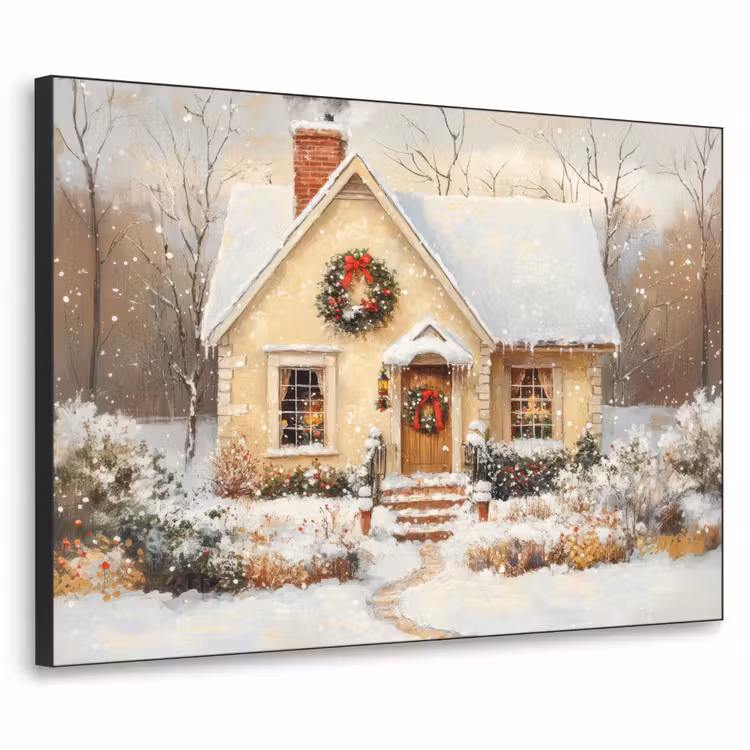 Kerst - Huis - Winter - Sneeuw Textielframe zwart klein -3d