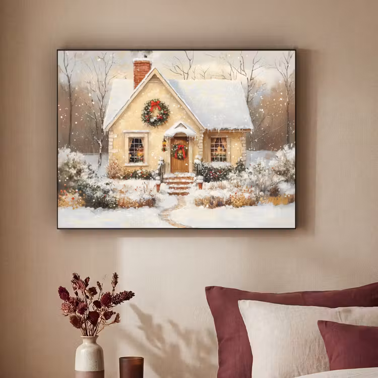Kerst - Huis - Winter - Sneeuw Textielframe zwart klein -sfeer1
