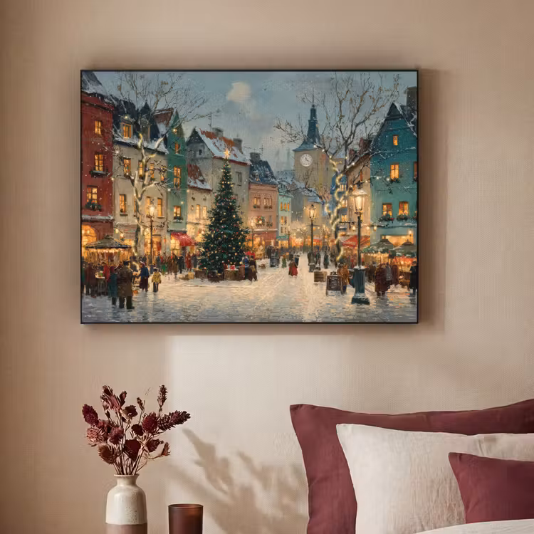 Kerstsfeer - Stadsplein - Kleurrijk Textielframe zwart klein -sfeer1