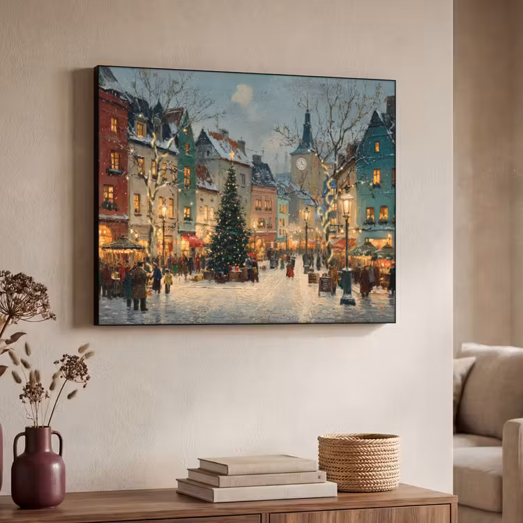 Kerstsfeer - Stadsplein - Kleurrijk Textielframe zwart klein -sfeer3