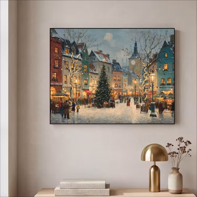 Kerstsfeer - Stadsplein - Kleurrijk Textielframe - compleet frame klein -sfeer2