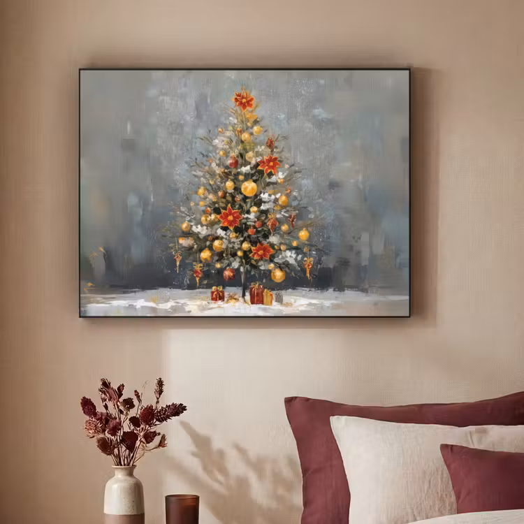 Kerstboom - Cadeaus - Rood - Goud Textielframe - compleet frame klein -sfeer1