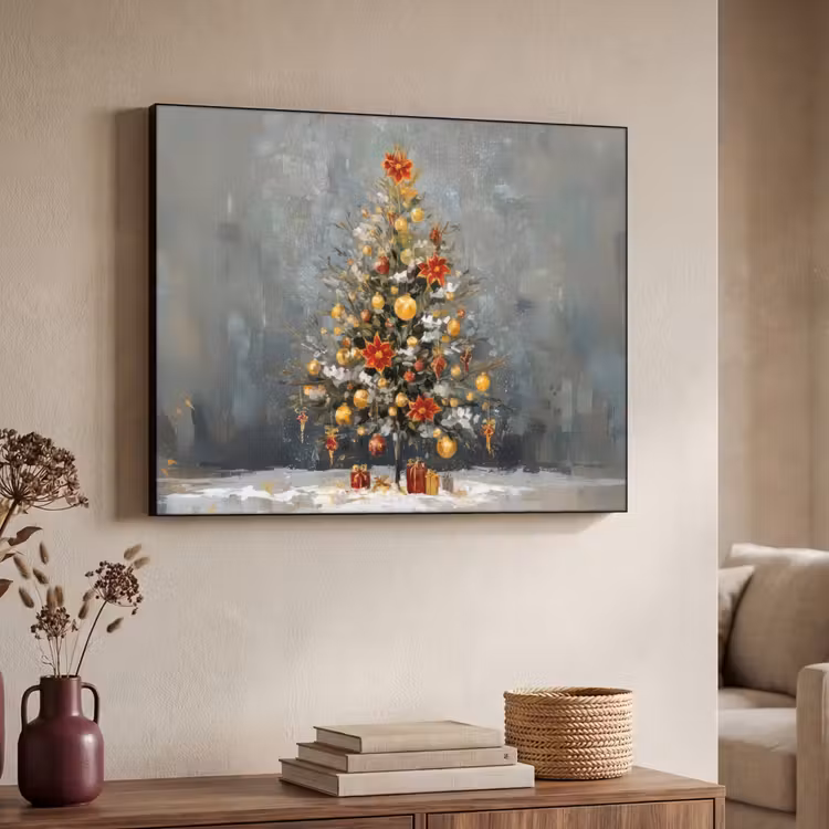 Kerstboom - Cadeaus - Rood - Goud Textielframe - compleet frame klein -sfeer3