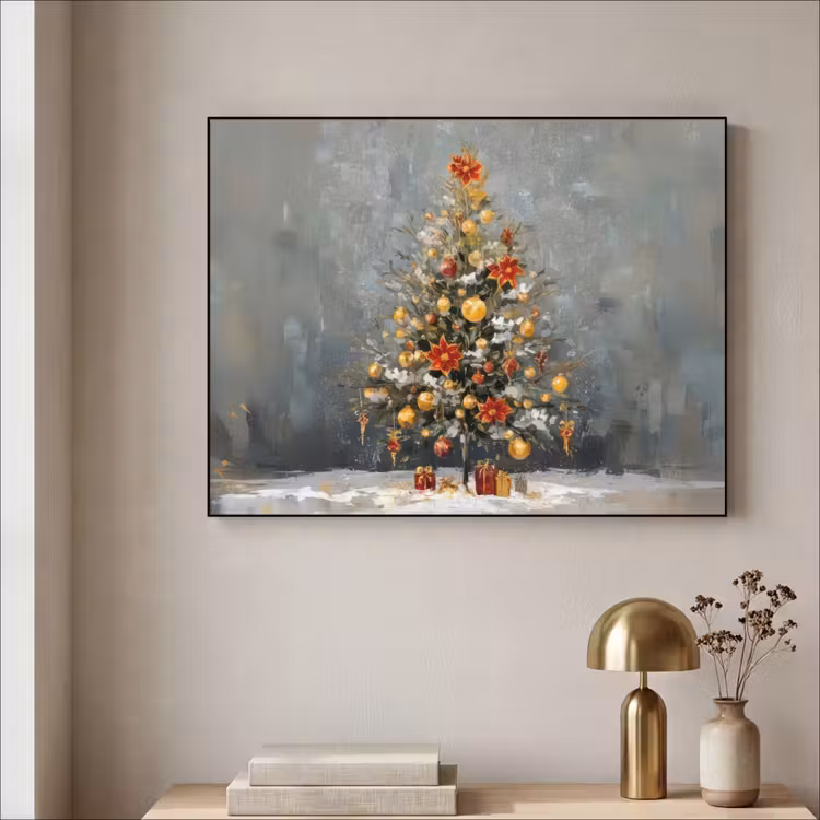 Kerstboom - Cadeaus - Rood - Goud Textielframe - compleet frame klein -sfeer2