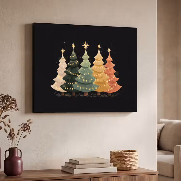 Kerstbomen - Kleurrijk - Lichtjes - Ster Textielframe zwart klein -sfeer3