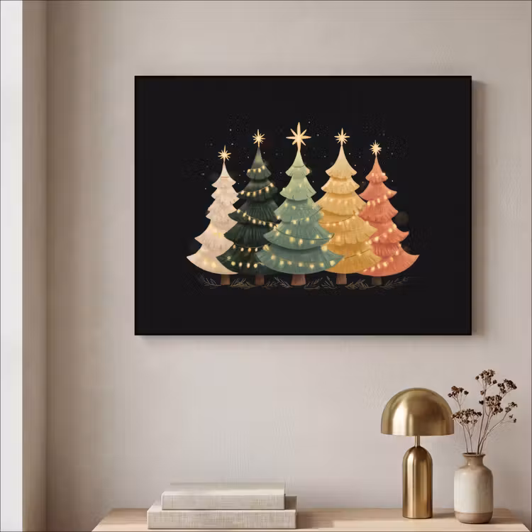 Kerstbomen - Kleurrijk - Lichtjes - Ster Textielframe - compleet frame klein -sfeer2