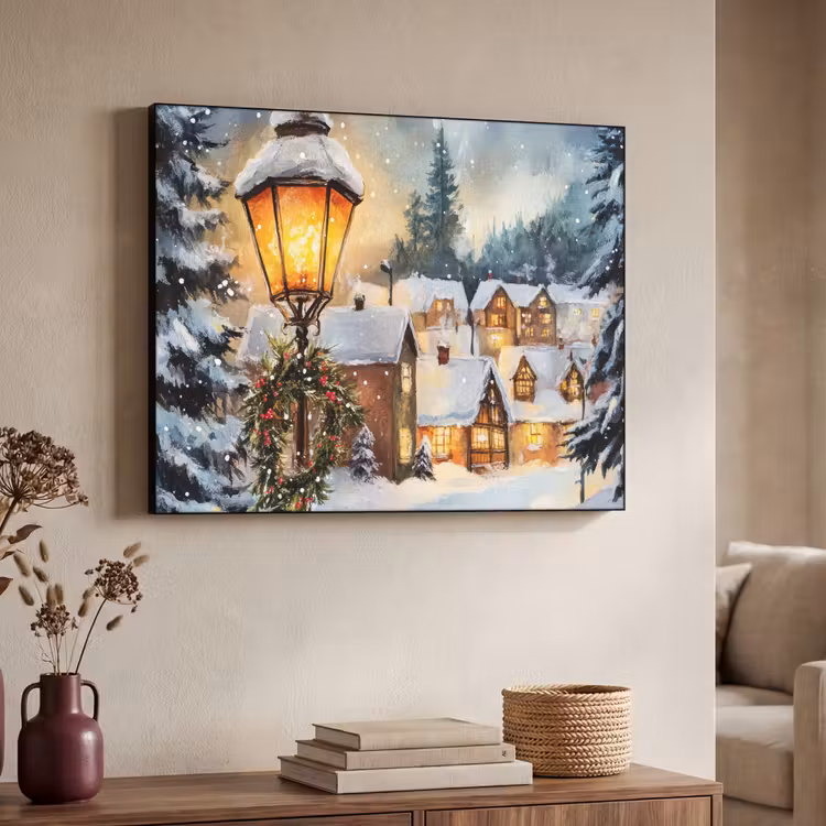 Kerstdorp - Huizen - Sneeuw - Kerst Textielframe zwart klein -sfeer3