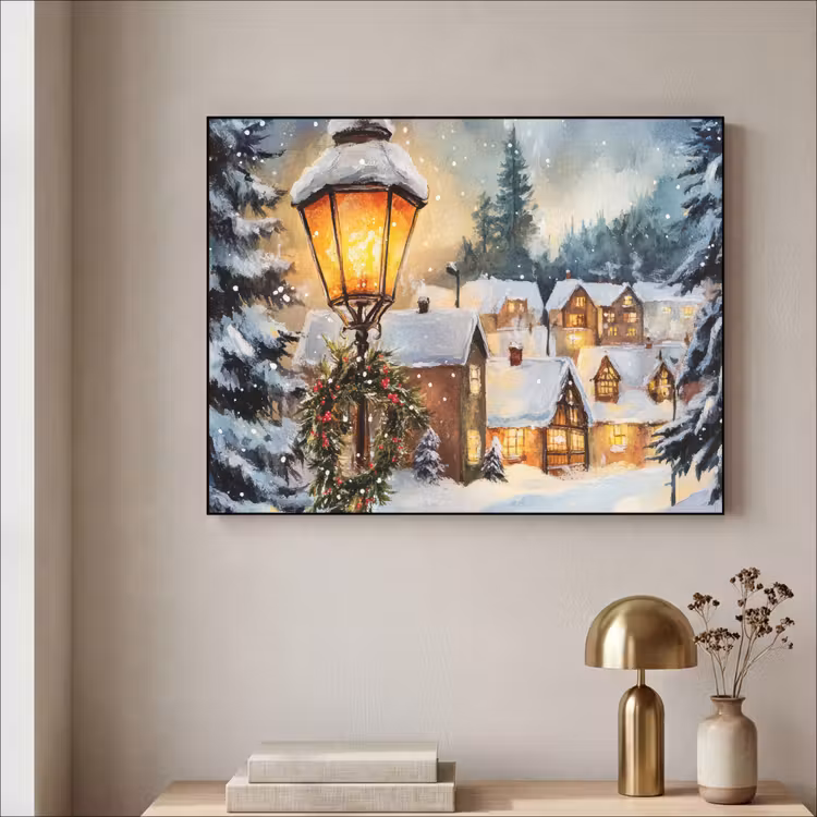 Kerstdorp - Huizen - Sneeuw - Kerst Textielframe zwart klein -sfeer2