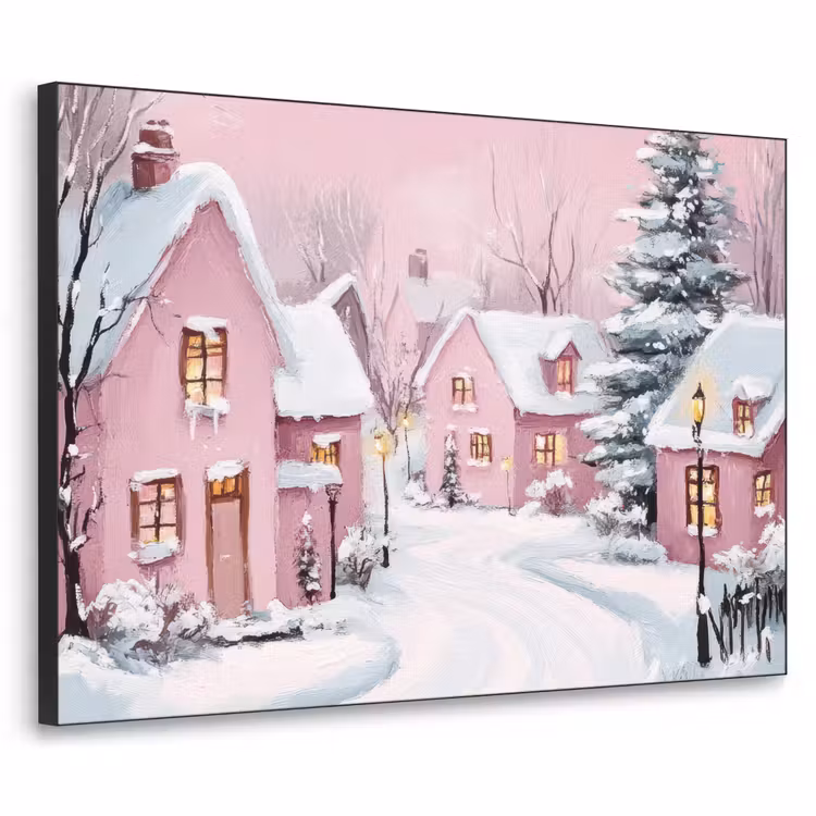 Kerstdorp - Roze - Winter - Sneeuw - Huizen Textielframe zwart klein -3d