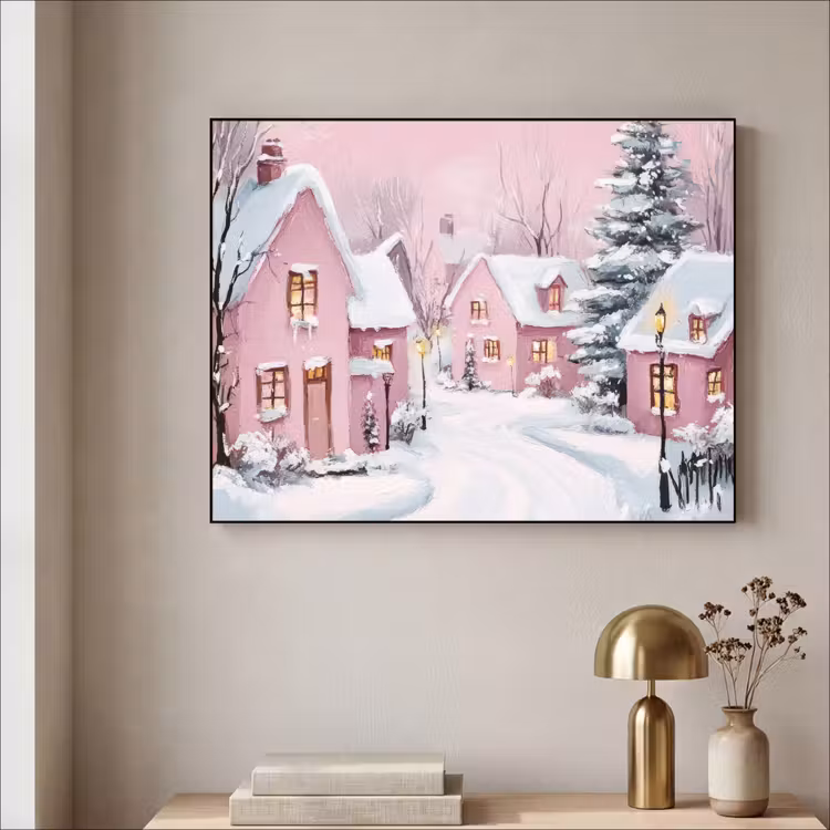 Kerstdorp - Roze - Winter - Sneeuw - Huizen Textielframe zwart klein -sfeer2