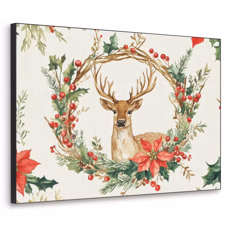 Kerstkrans - Hert - Hulst - Rood Textielframe zwart klein -3d
