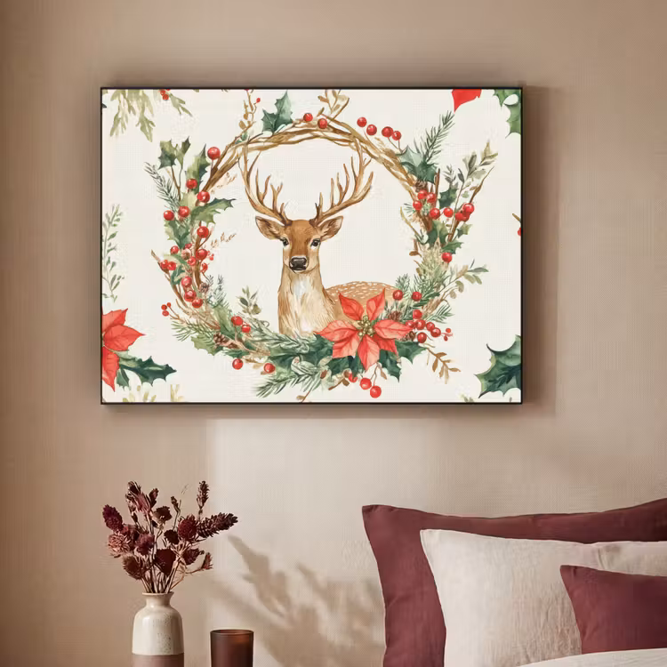 Kerstkrans - Hert - Hulst - Rood Textielframe - compleet frame klein -sfeer1