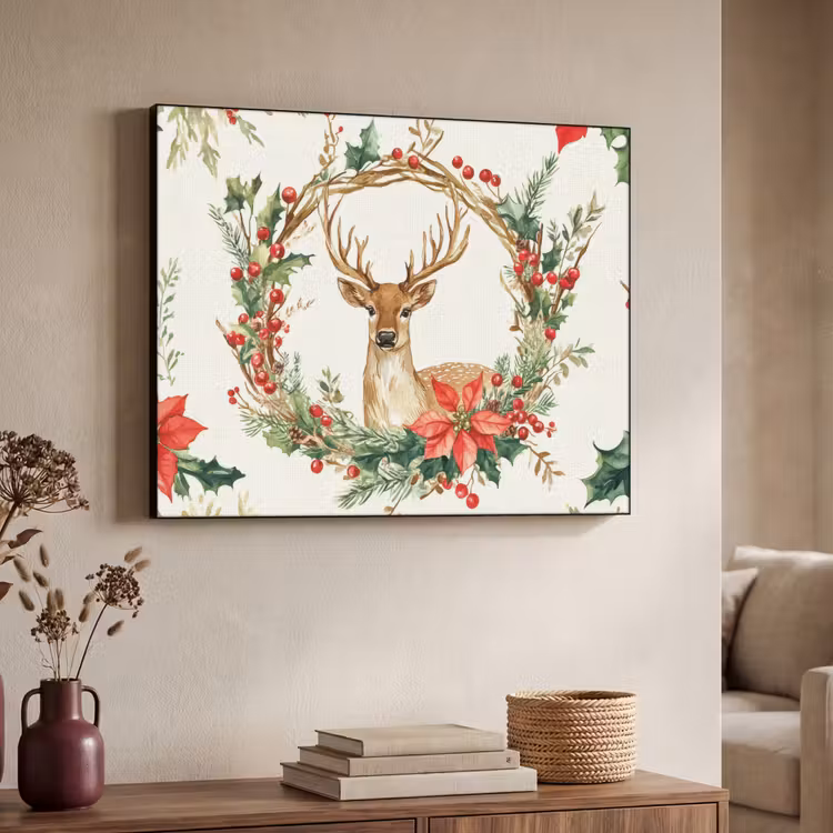Kerstkrans - Hert - Hulst - Rood Textielframe - compleet frame klein -sfeer3