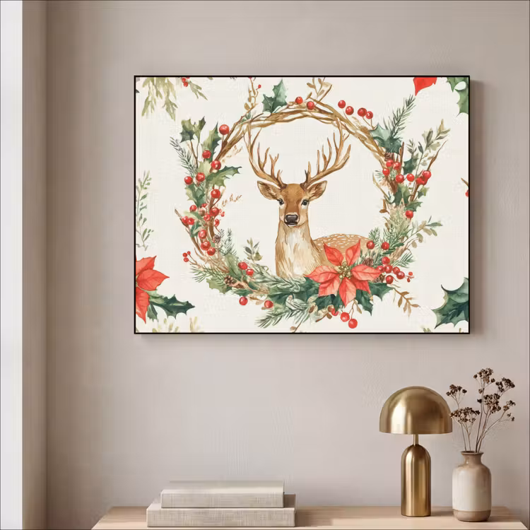 Kerstkrans - Hert - Hulst - Rood Textielframe zwart klein -sfeer2