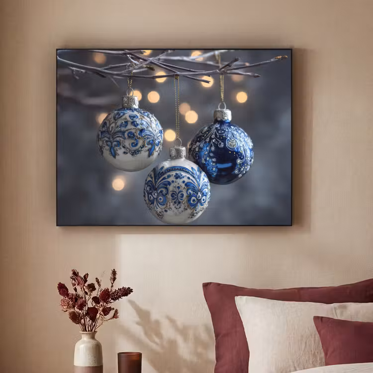 Kerstbal - Versierd - Blauw Textielframe - compleet frame klein -sfeer1