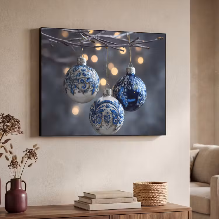 Kerstbal - Versierd - Blauw Textielframe - compleet frame klein -sfeer3