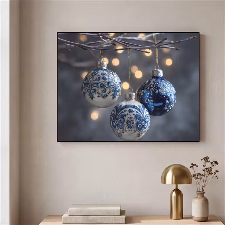 Kerstbal - Versierd - Blauw Textielframe - compleet frame klein -sfeer2
