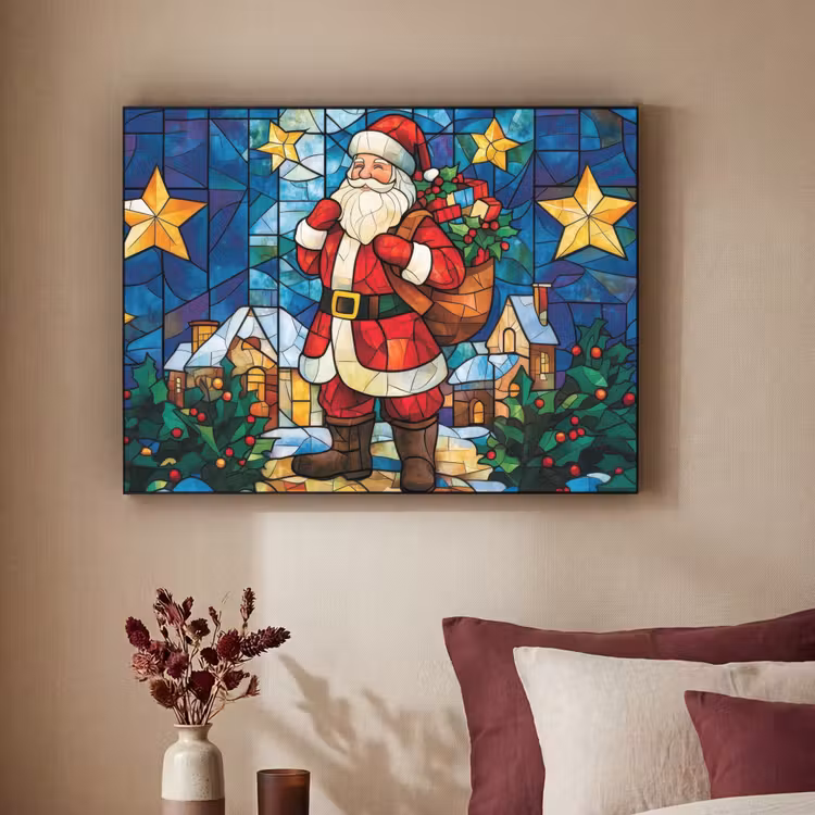 Kerstman - Glas - Kleurrijk Textielframe - compleet frame klein -sfeer1