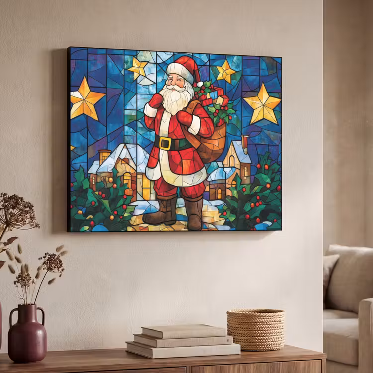 Kerstman - Glas - Kleurrijk Textielframe - compleet frame klein -sfeer3