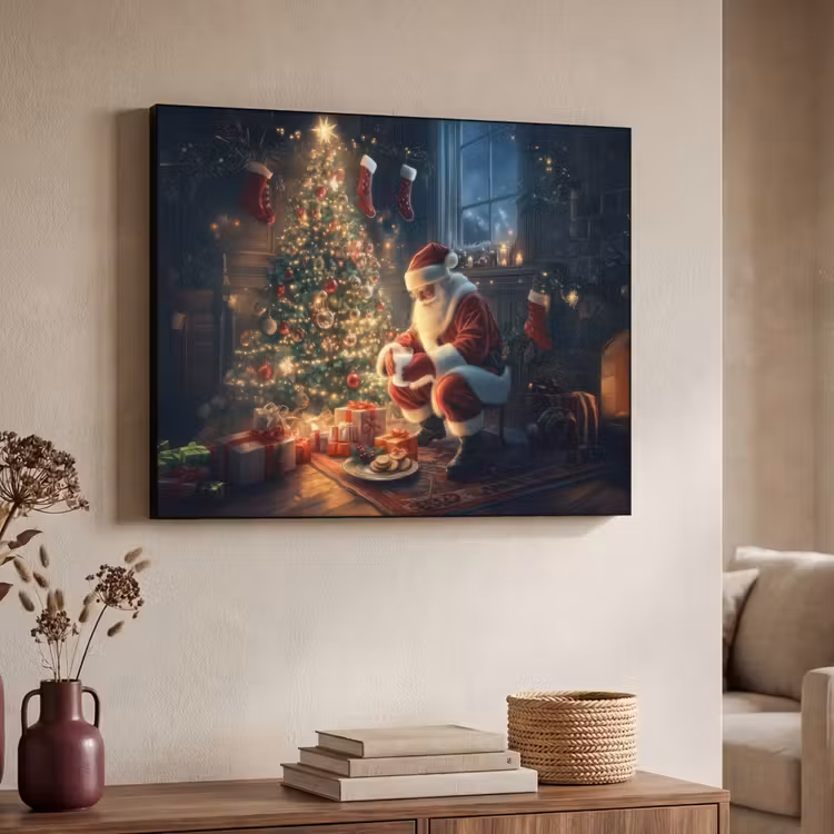 Kerstman - Haard - Donker Textielframe zwart klein -sfeer3