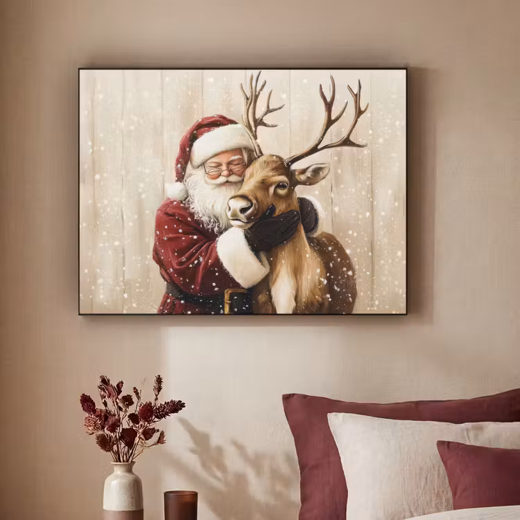 Kerstman - Rendier - Sneeuw - Kleurrijk Textielframe zwart klein -sfeer1