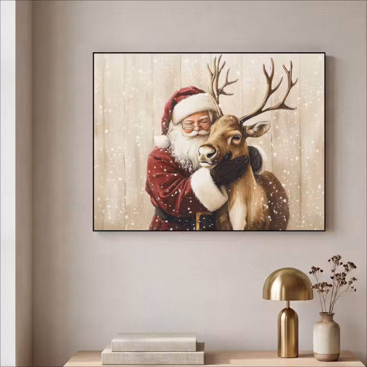 Kerstman - Rendier - Sneeuw - Kleurrijk Textielframe - compleet frame klein -sfeer2