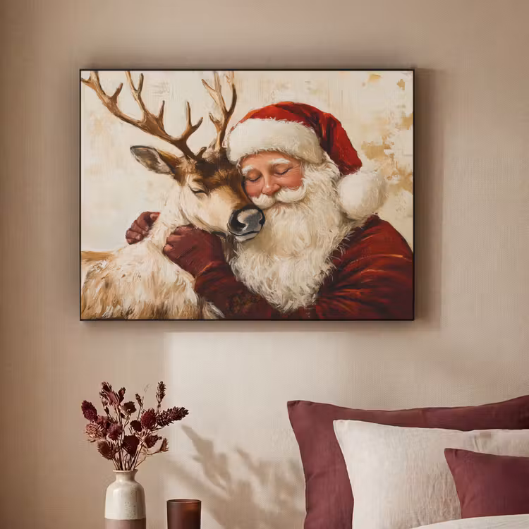 Kerstman - Rendier - Kerst - Christmas Textielframe zwart klein -sfeer1