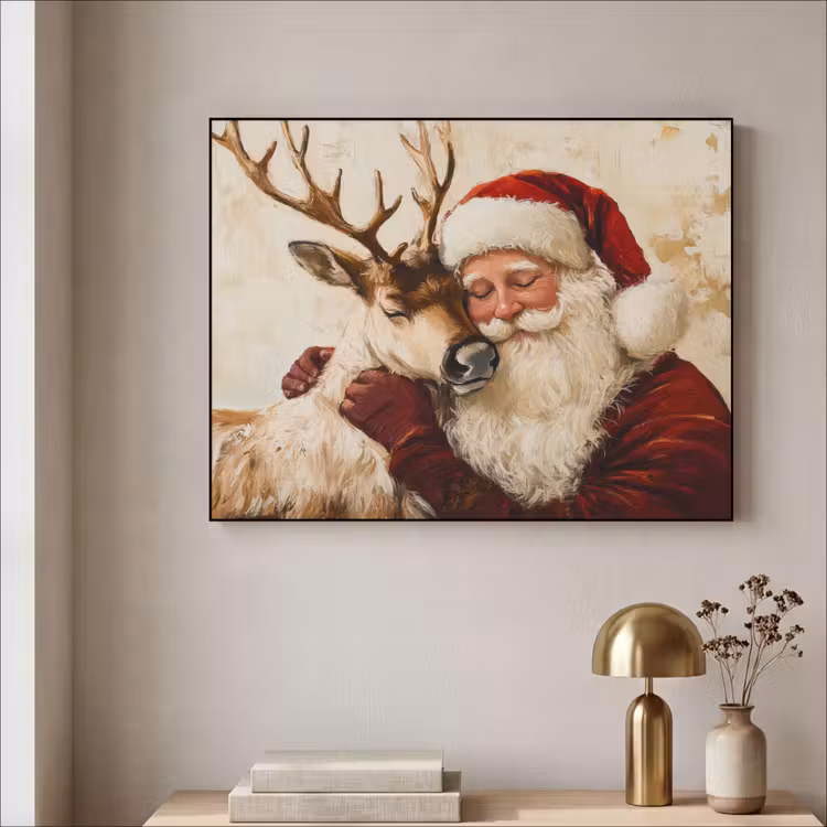 Kerstman - Rendier - Kerst - Christmas Textielframe zwart klein -sfeer2