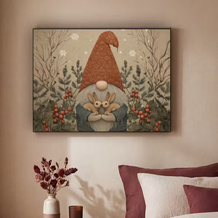 Kerstgnome - Konijntjes - Kleurrijk Textielframe zwart klein -sfeer1