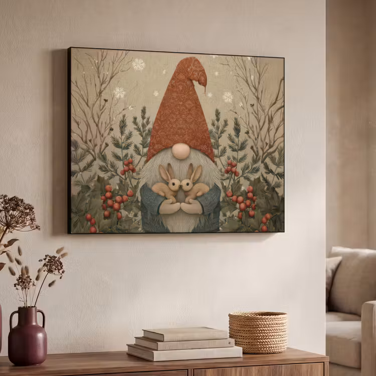 Kerstgnome - Konijntjes - Kleurrijk Textielframe - compleet frame klein -sfeer3